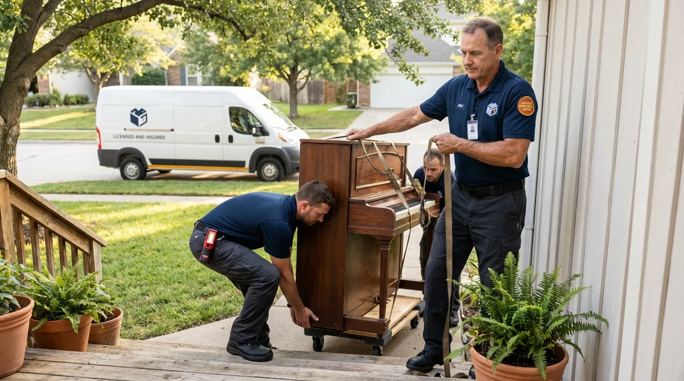 Licensed piano movers securing grand piano in Erie, PA