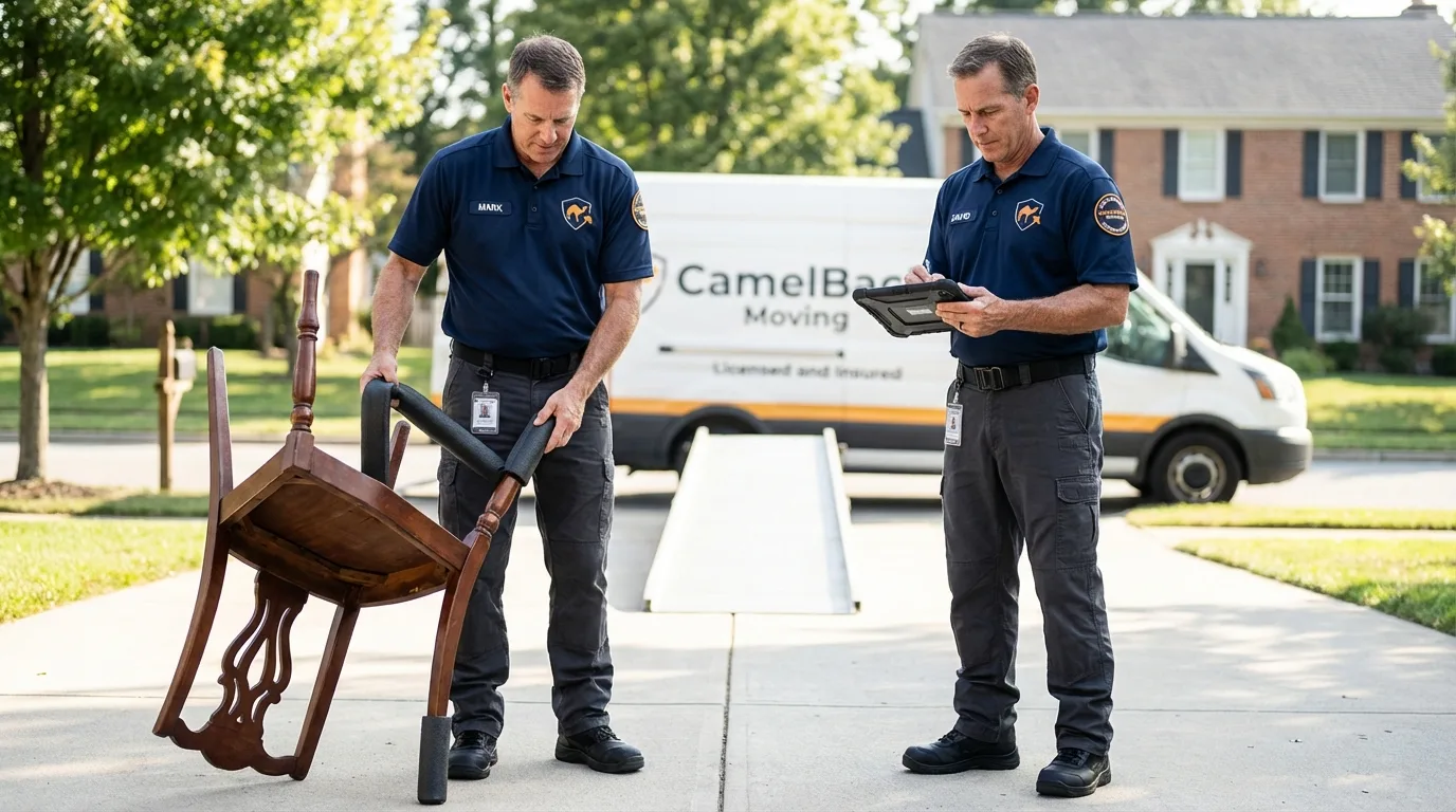 Movers inspecting furniture for damage prevention before loading in Erie, PA