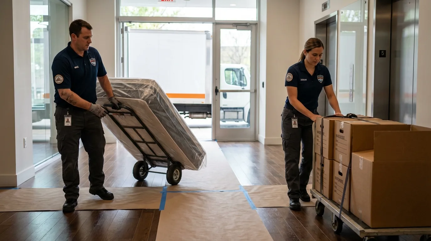 Professional apartment movers loading elevator in Erie, PA