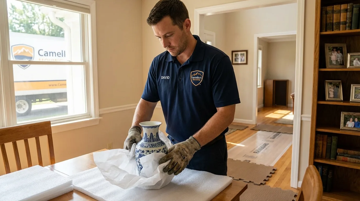 Professional crew carefully wrapping antique vase for senior downsizing move in Erie, PA
